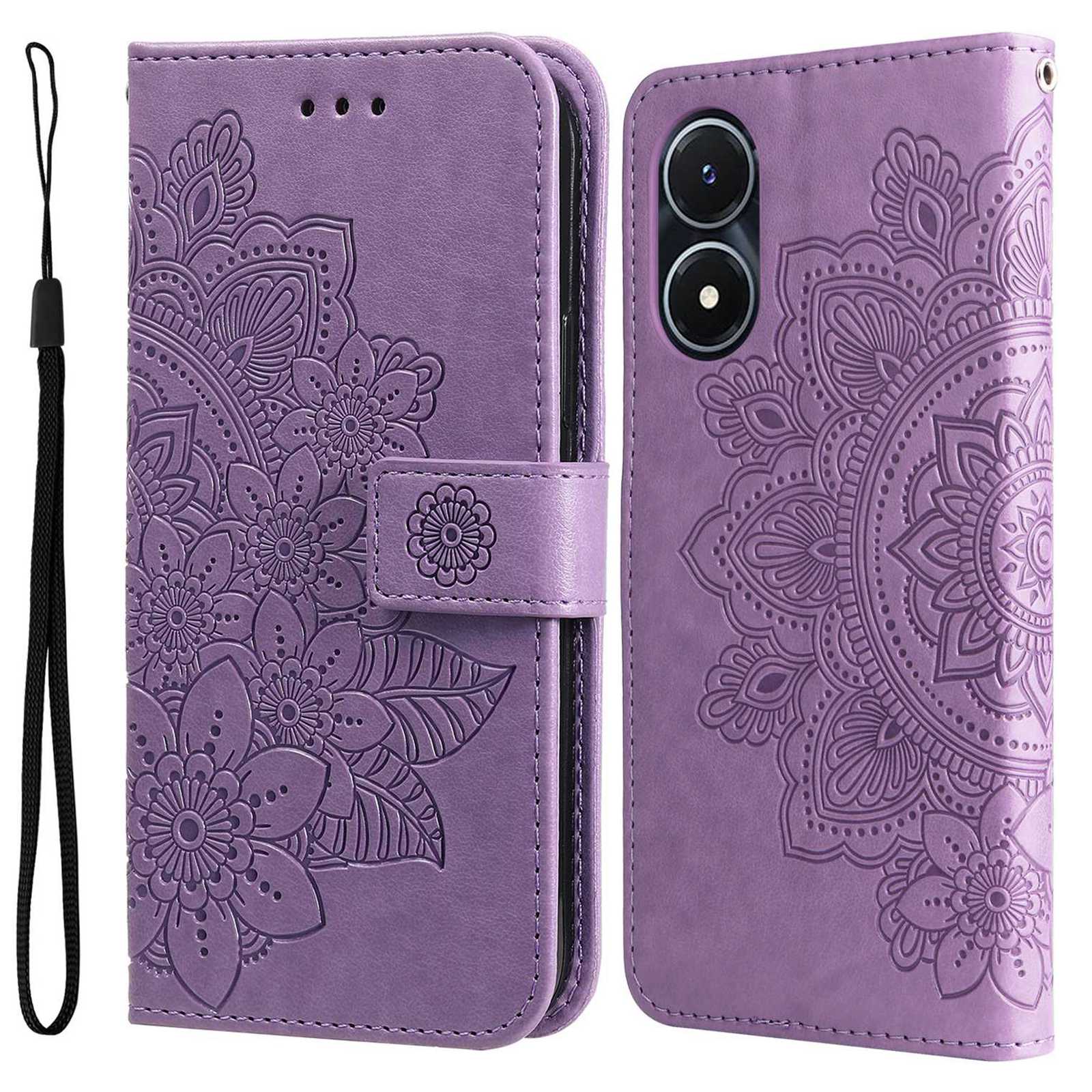 

Für Vivo Y02s 4g / Y16 4G Blumenprägungskratzer -proof PU Leder Phone Schutzhülle Flip Ständer Brieftasche Mit Riemen - Violett, vivo Y02s 4G