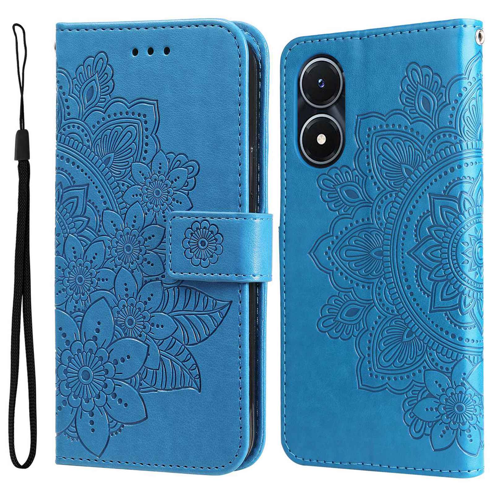 

Für Vivo Y02s 4g / Y16 4G Blumenprägungskratzer -proof PU Leder Phone Schutzhülle Flip Ständer Brieftasche Mit Riemen - Blau, vivo Y02s 4G