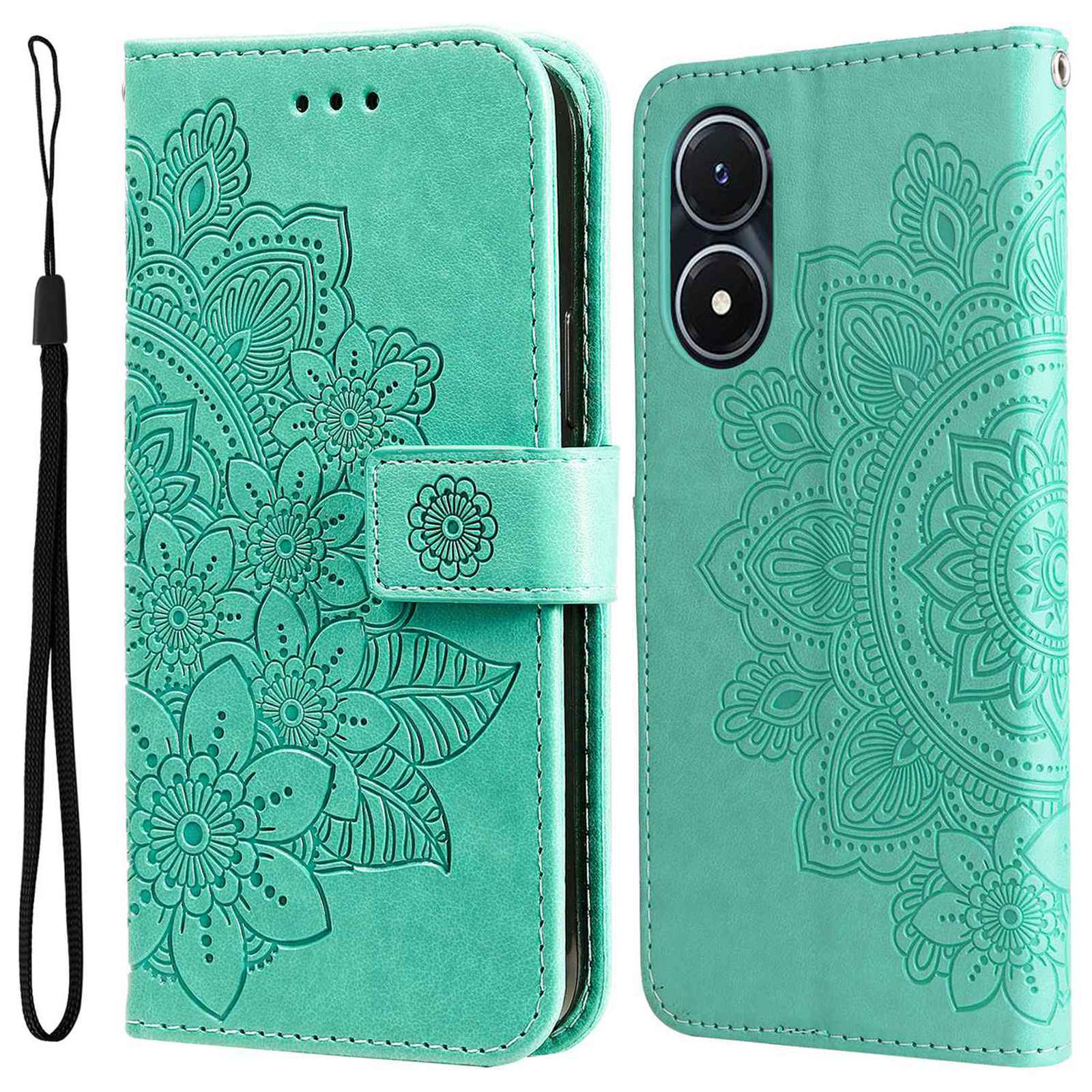 

Für Vivo Y02s 4g / Y16 4G Blumenprägungskratzer -proof PU Leder Phone Schutzhülle Flip Ständer Brieftasche Mit Riemen - Grün, vivo Y02s 4G