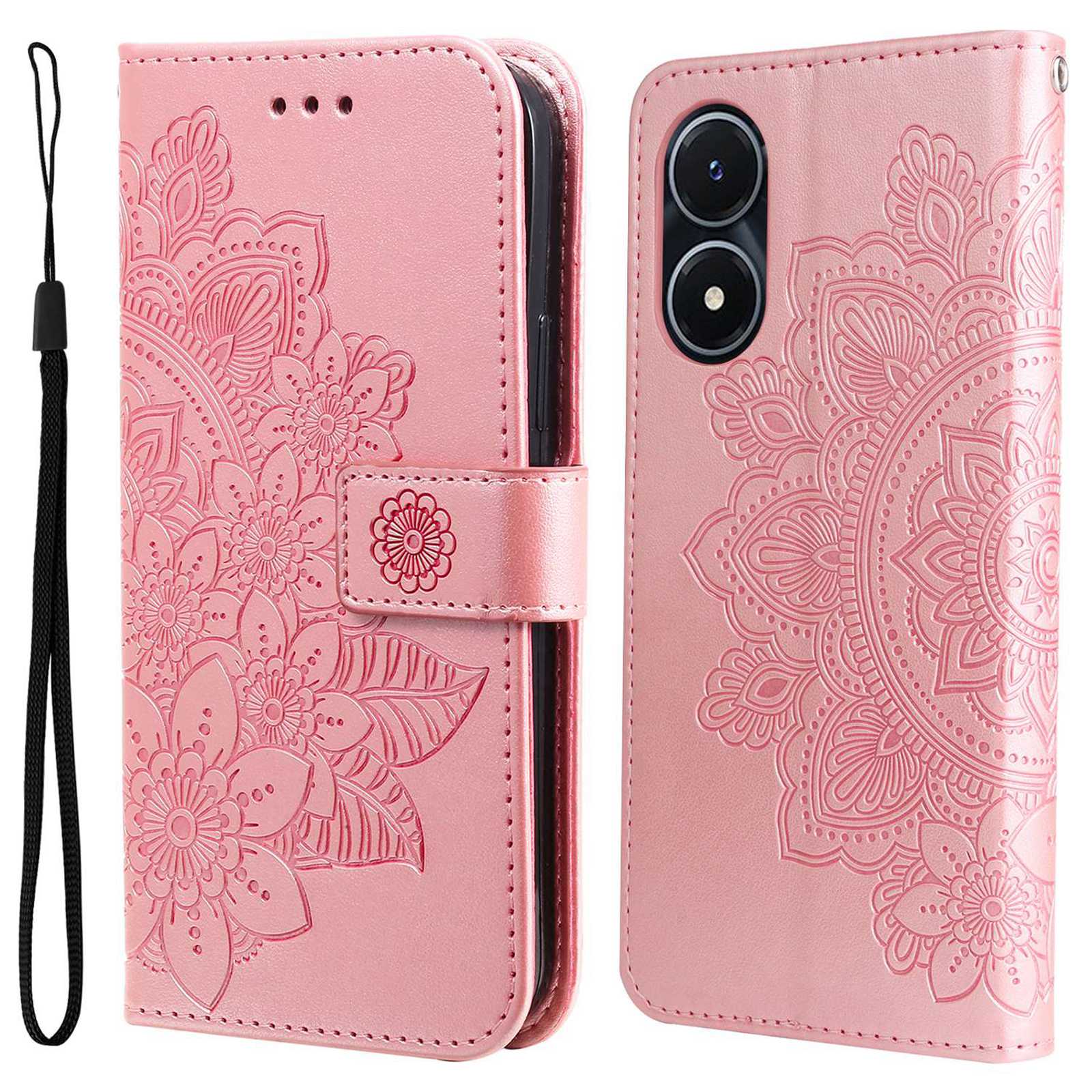 

Für Vivo Y02s 4g / Y16 4G Blumenprägungskratzer -proof PU Leder Phone Schutzhülle Flip Ständer Brieftasche Mit Riemen - Roségold, vivo Y02s 4G