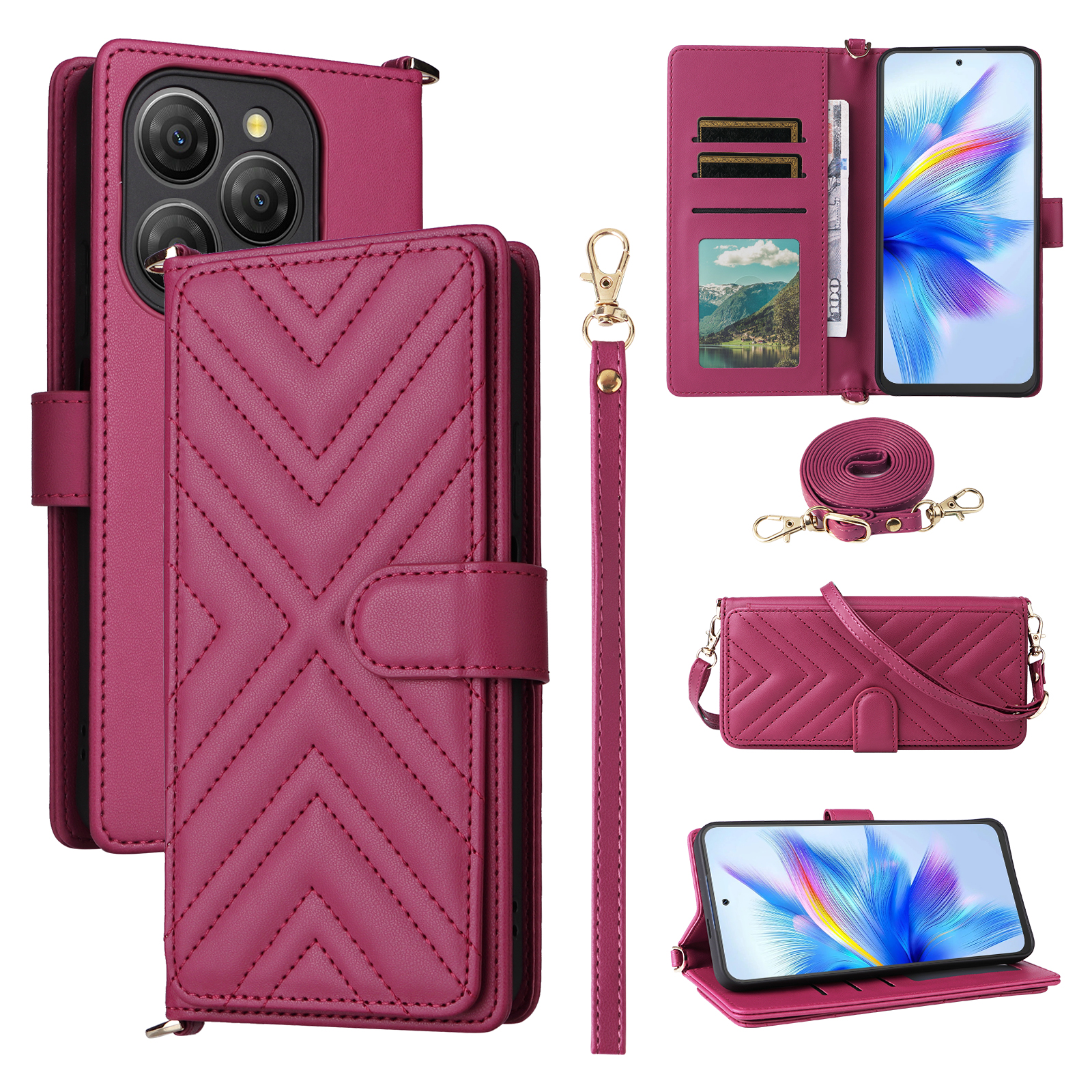 For Blackview Shark 9 5G Wallet Case with Shoulder / Wrist Strap Leather Phone Cover Stand - Rose