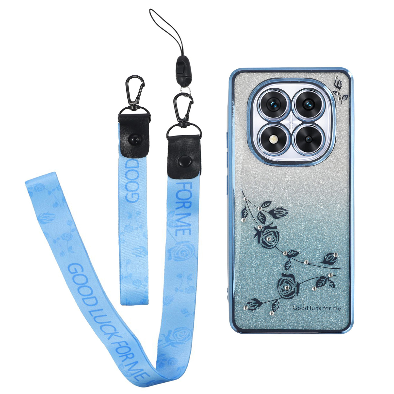 KADEM For Xiaomi Redmi Note 14 Pro 5G / Poco X7 5G Case Flower Pattern TPU Gradient Phone Cover with Lanyards - Blue