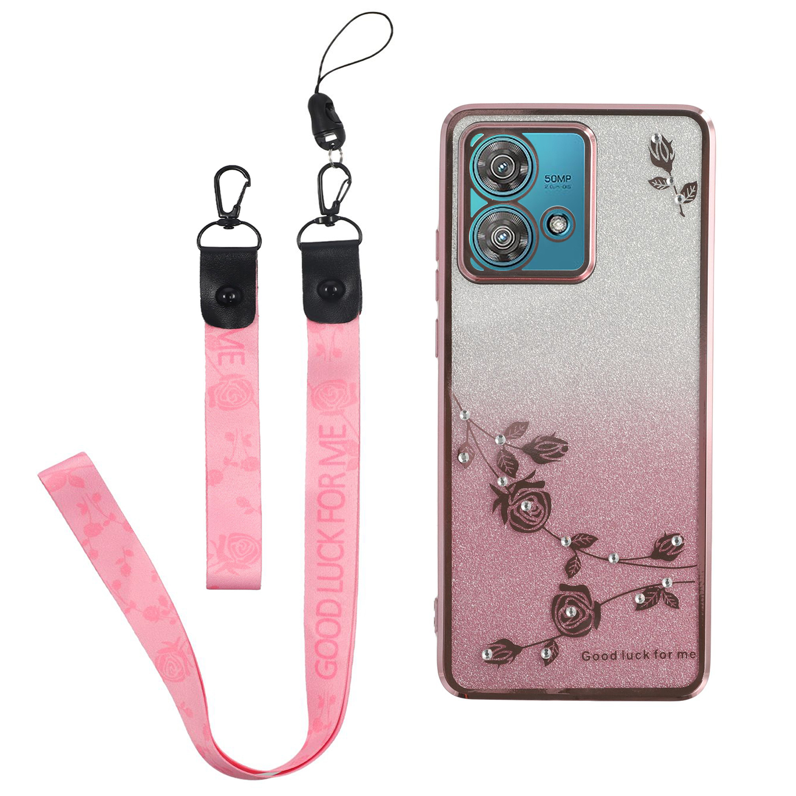 KADEM For Motorola Edge 40 Neo 5G Case Flower Pattern TPU Gradient Phone Cover with Lanyards - Rose Gold
