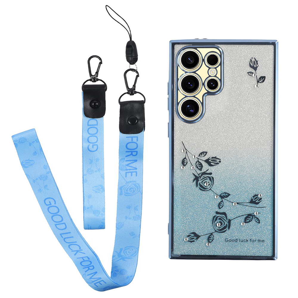 KADEM For Samsung Galaxy S25 Ultra Case Flower Pattern TPU Gradient Phone Cover with Lanyards - Blue