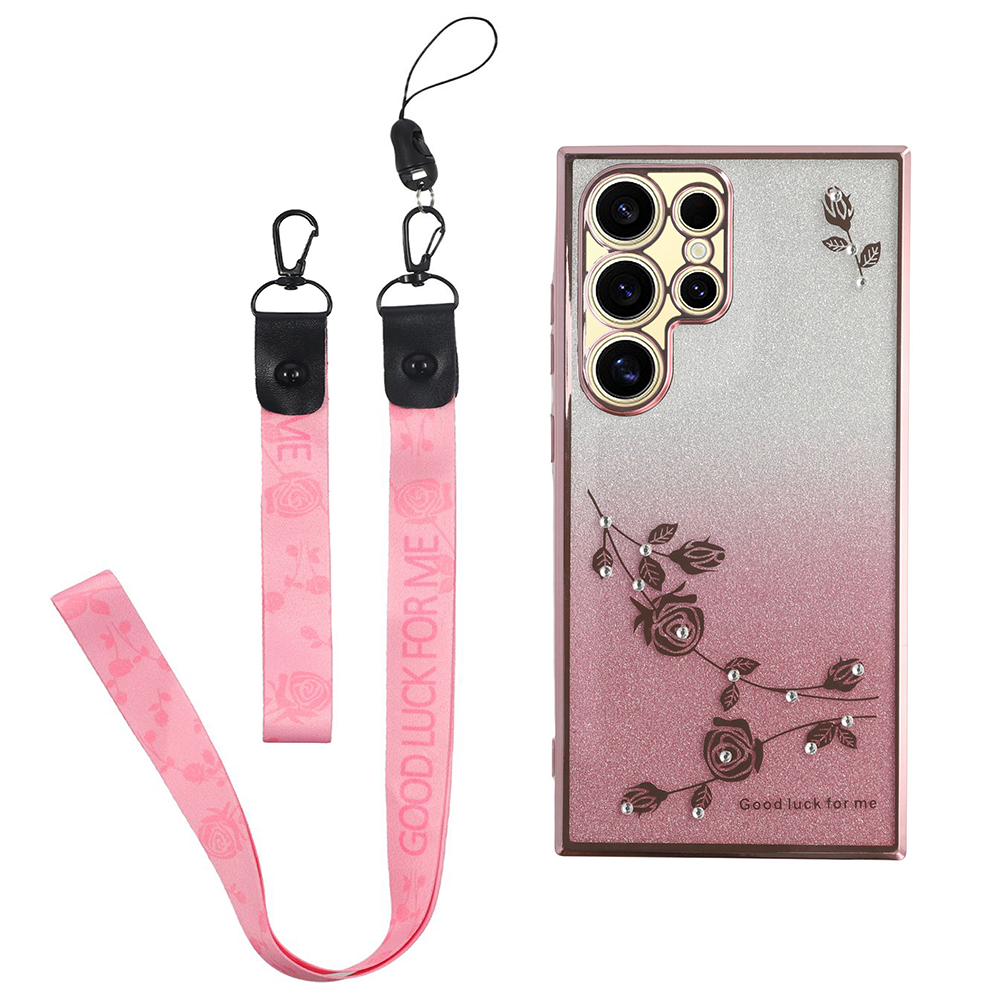 KADEM For Samsung Galaxy S25 Ultra Case Flower Pattern TPU Gradient Phone Cover with Lanyards - Rose Gold