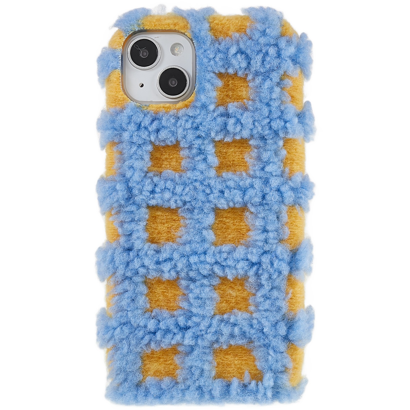 

For iPhone 14 Plus Square Grid Plush Contrast Color Phone Cover Scratch-resistant Soft TPU Back Case - Blue / Yellow, iPhone 14 Plus