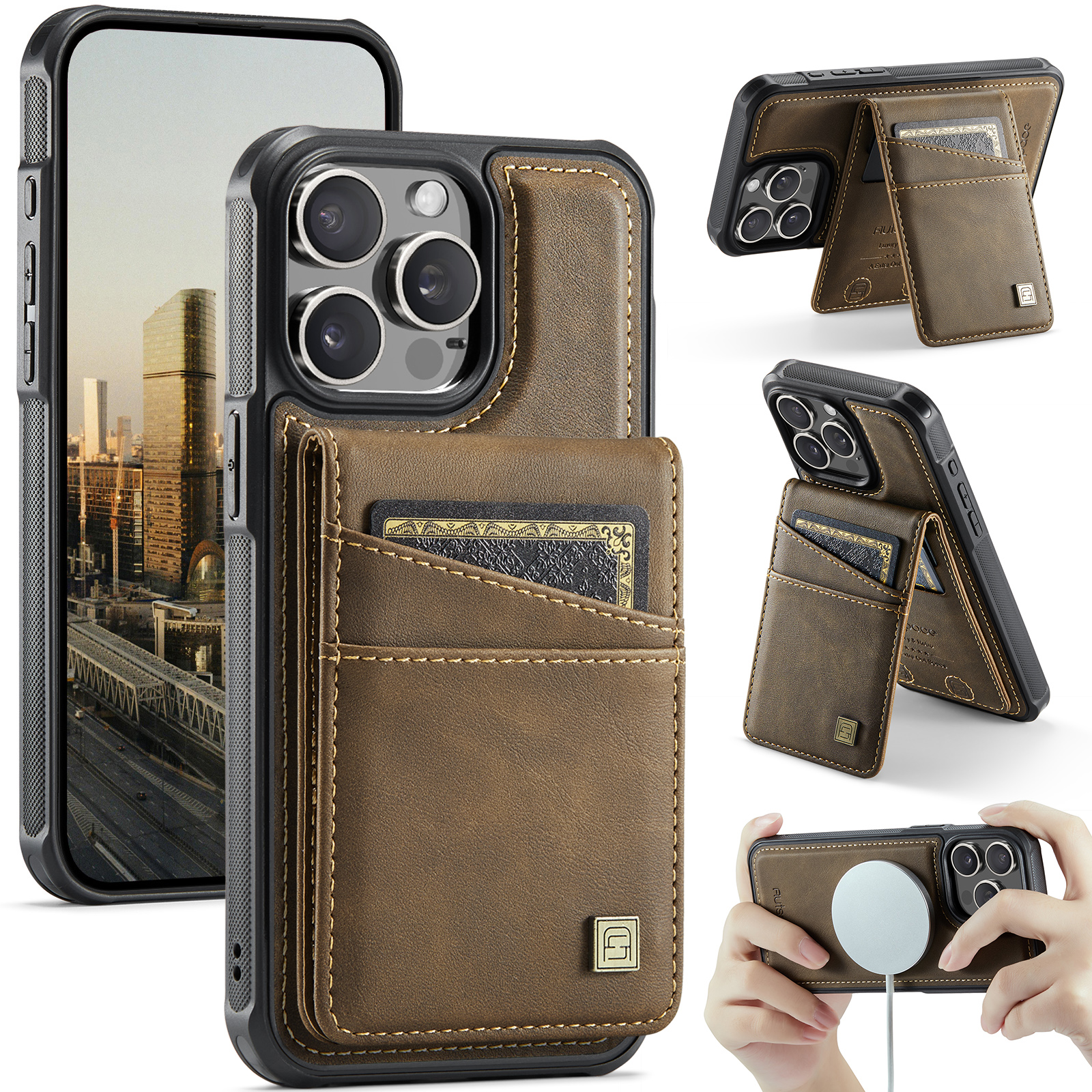 AUTSPACE For iPhone 12 Pro Max 6.7 inch Case  A12 Leather Phone Case with Detachable Card Bag - Coffee