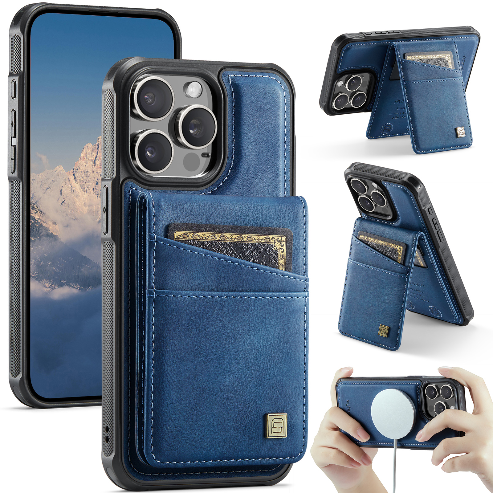 AUTSPACE For iPhone 13 Pro 6.1 inch Case  A12 Leather Phone Case with Detachable Card Bag - Blue