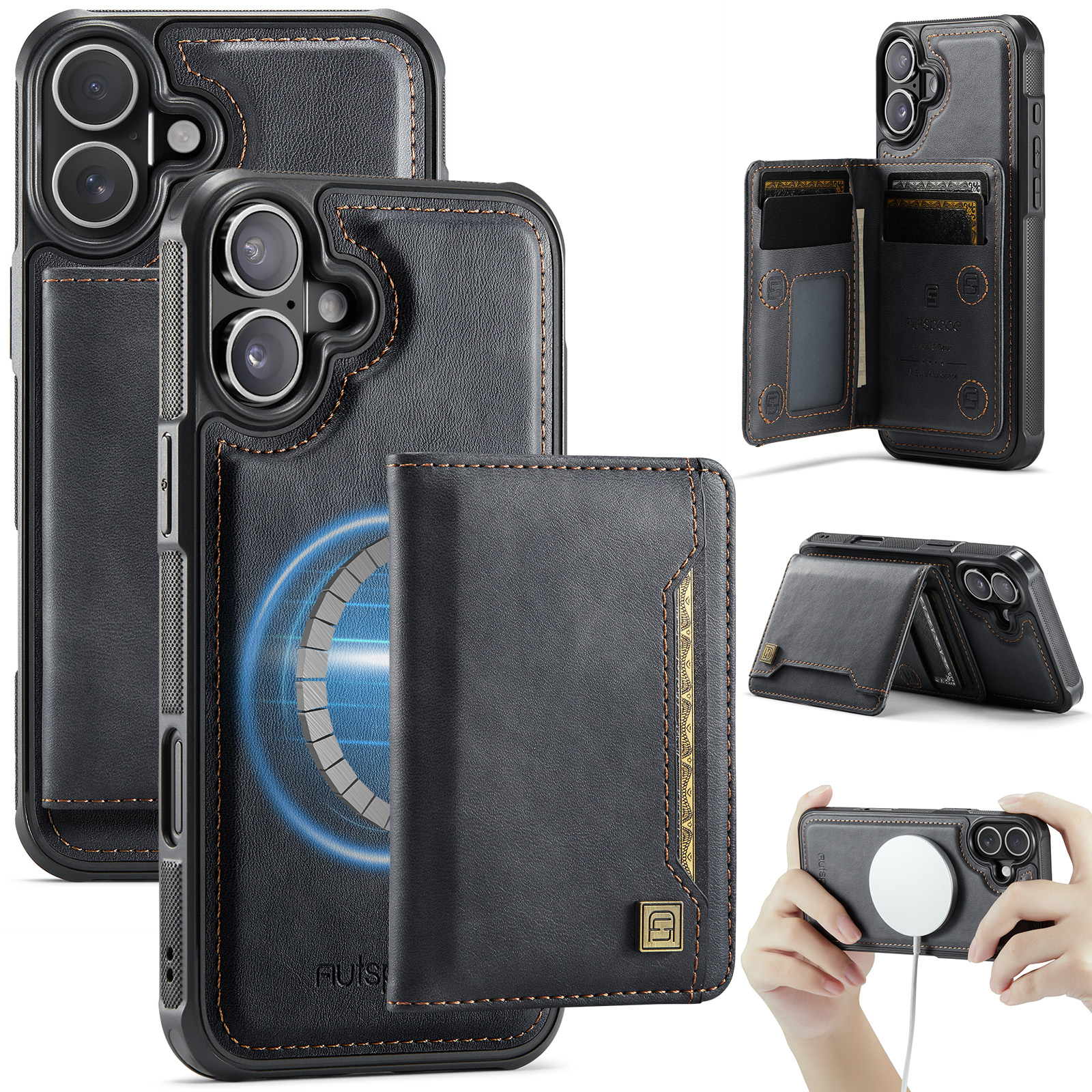 AUTSPACE For iPhone 16 Case  A13 Vintage Leather Back Cover with Magnetic Detachable Card Bag - Black