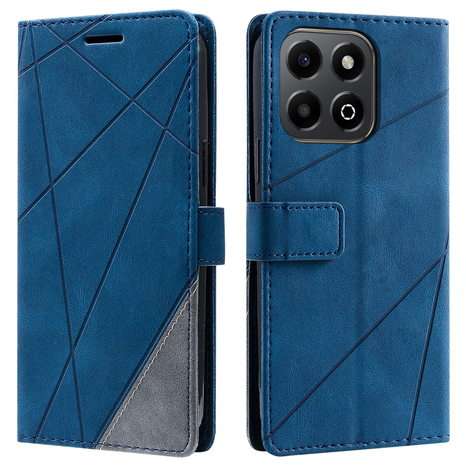 For Honor X7c 5G / X7c 4G / 200 Smart 5G Case Imprinted Lines PU Leather Splicing Wallet Phone Cover - Blue