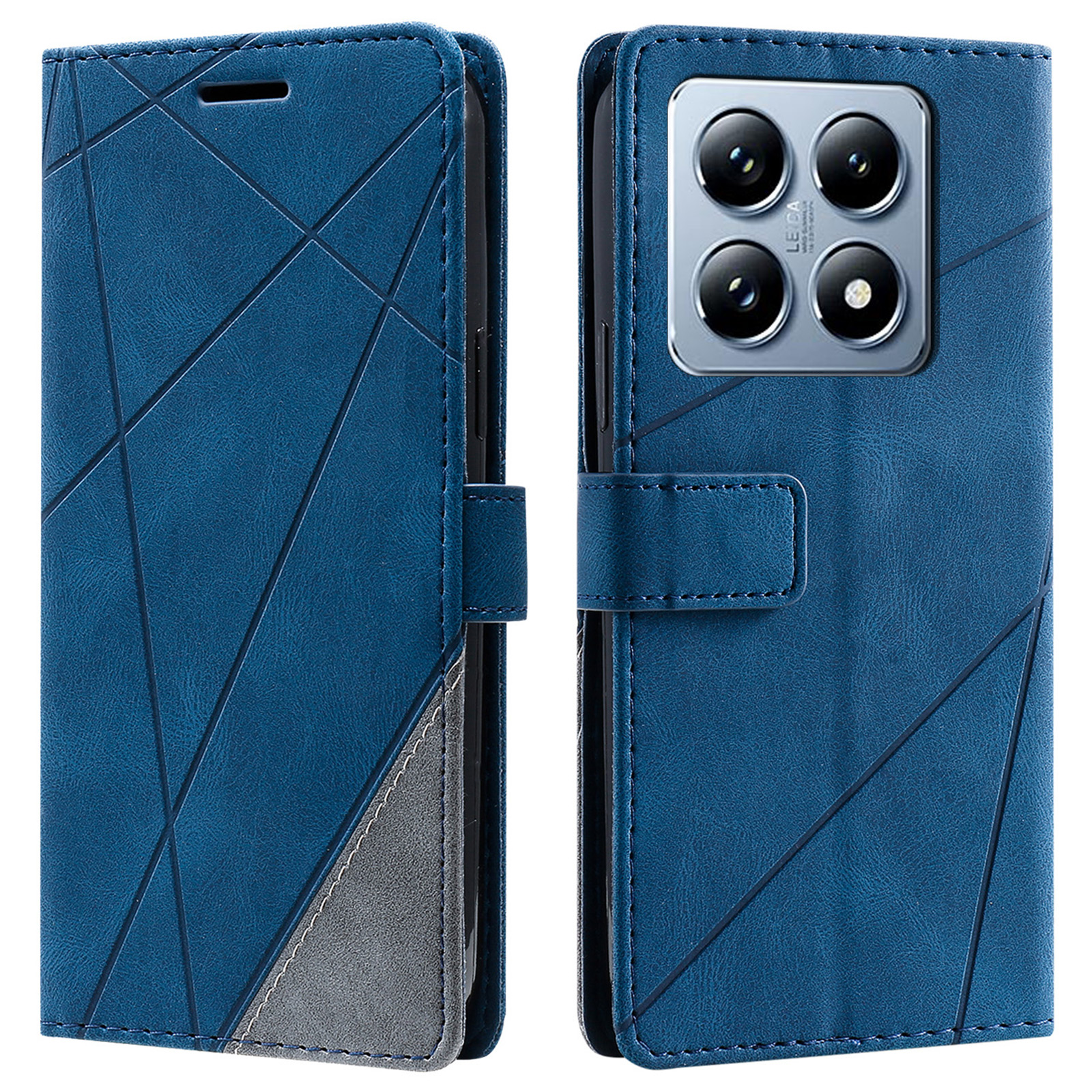 For Xiaomi 14T Case Imprinted Lines PU Leather Splicing Wallet Phone Cover - Blue