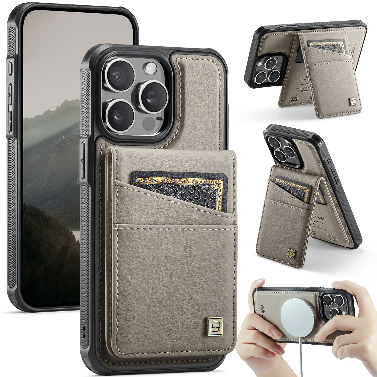 AUTSPACE For iPhone 15 Pro Max Case  A12 Leather Phone Case with Detachable Card Bag - Grey
