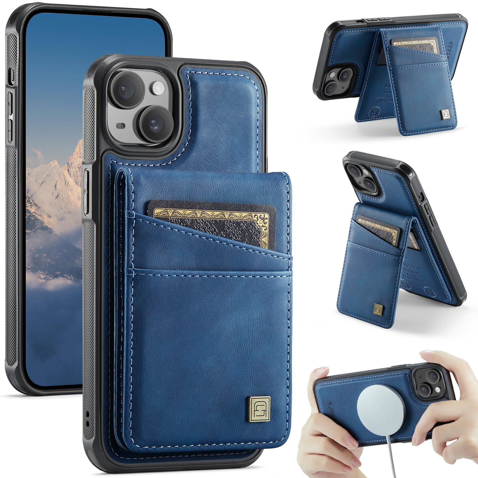 AUTSPACE For iPhone 15 Case  A12 Leather Phone Case with Detachable Card Bag - Blue