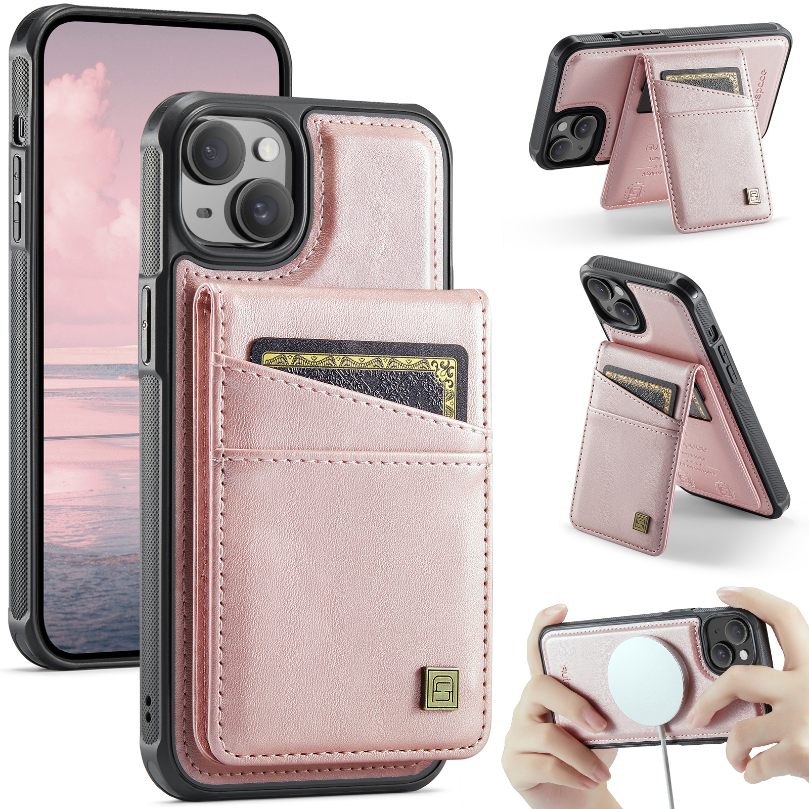 AUTSPACE For iPhone 15 Plus Case  A12 Leather Phone Case with Detachable Card Bag - Rose Gold