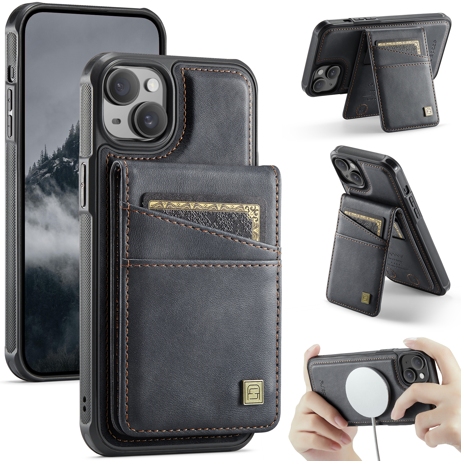AUTSPACE For iPhone 14 Case  A12 Leather Phone Case with Detachable Card Bag - Black