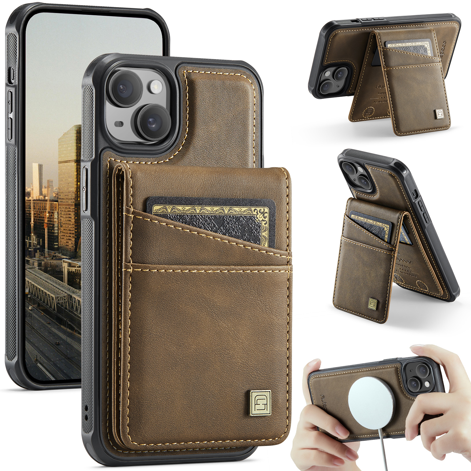 AUTSPACE For iPhone 13 6.1 inch Case  A12 Leather Phone Case with Detachable Card Bag - Coffee