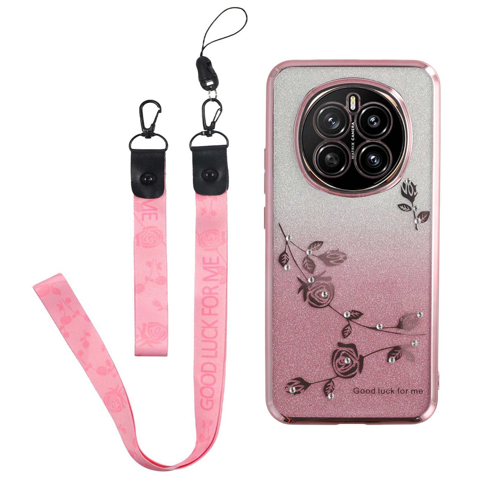 KADEM For Honor Magic7 5G Case Flower Pattern TPU Gradient Phone Cover with Lanyards - Rose Gold