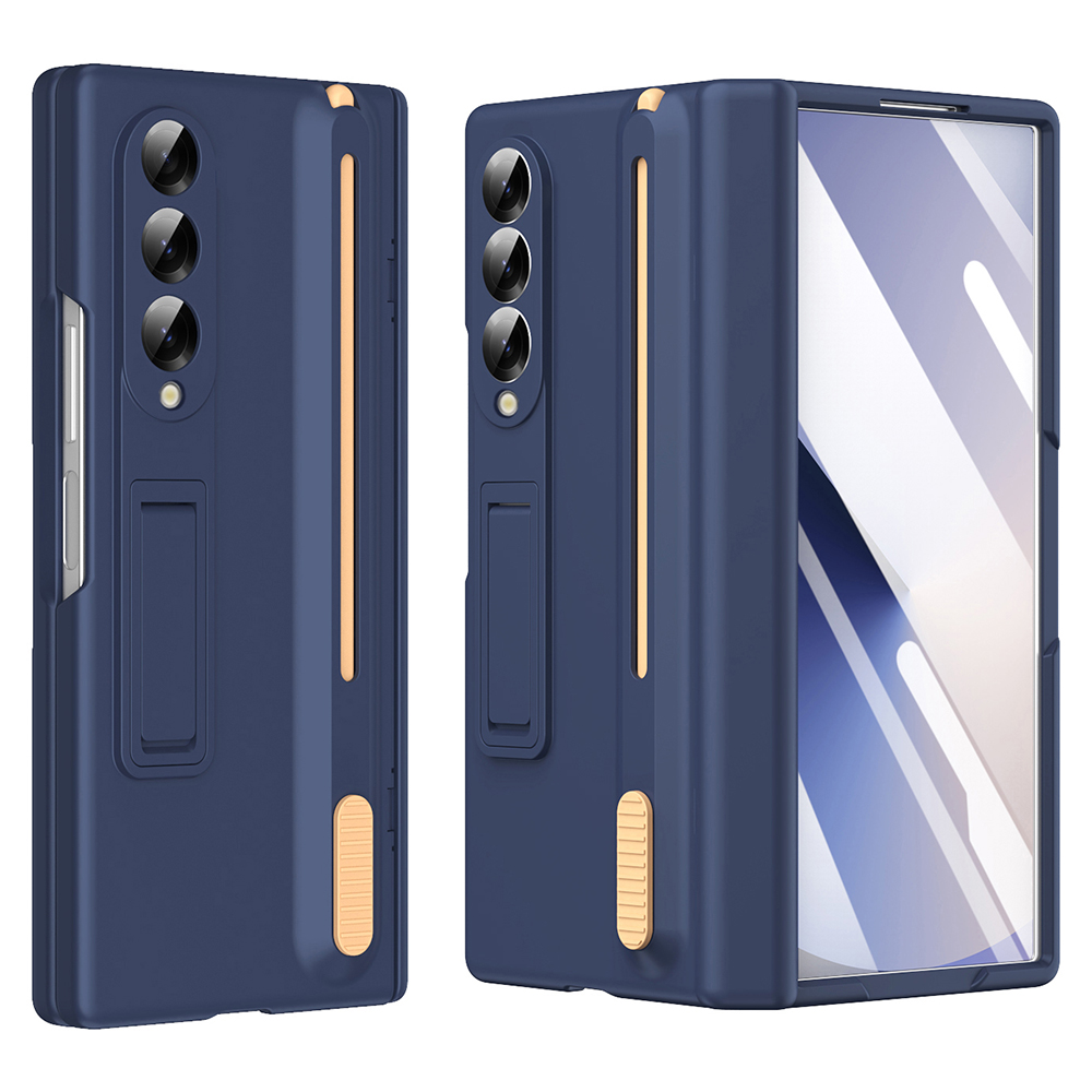 For Samsung Galaxy Z Fold3 5G Kickstand Phone Case with Tempered Glass Screen Protector and Stylus Pen - Sapphire