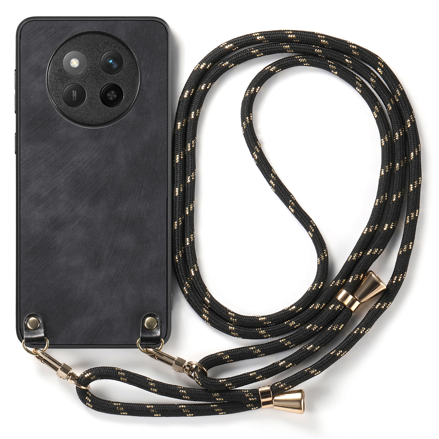 For Honor Magic7 Lite 5G / X9c 5G / X60 Pro 5G Case Retro Texture Leather Coated PC+TPU Phone Cover with Hanging Rope - Black