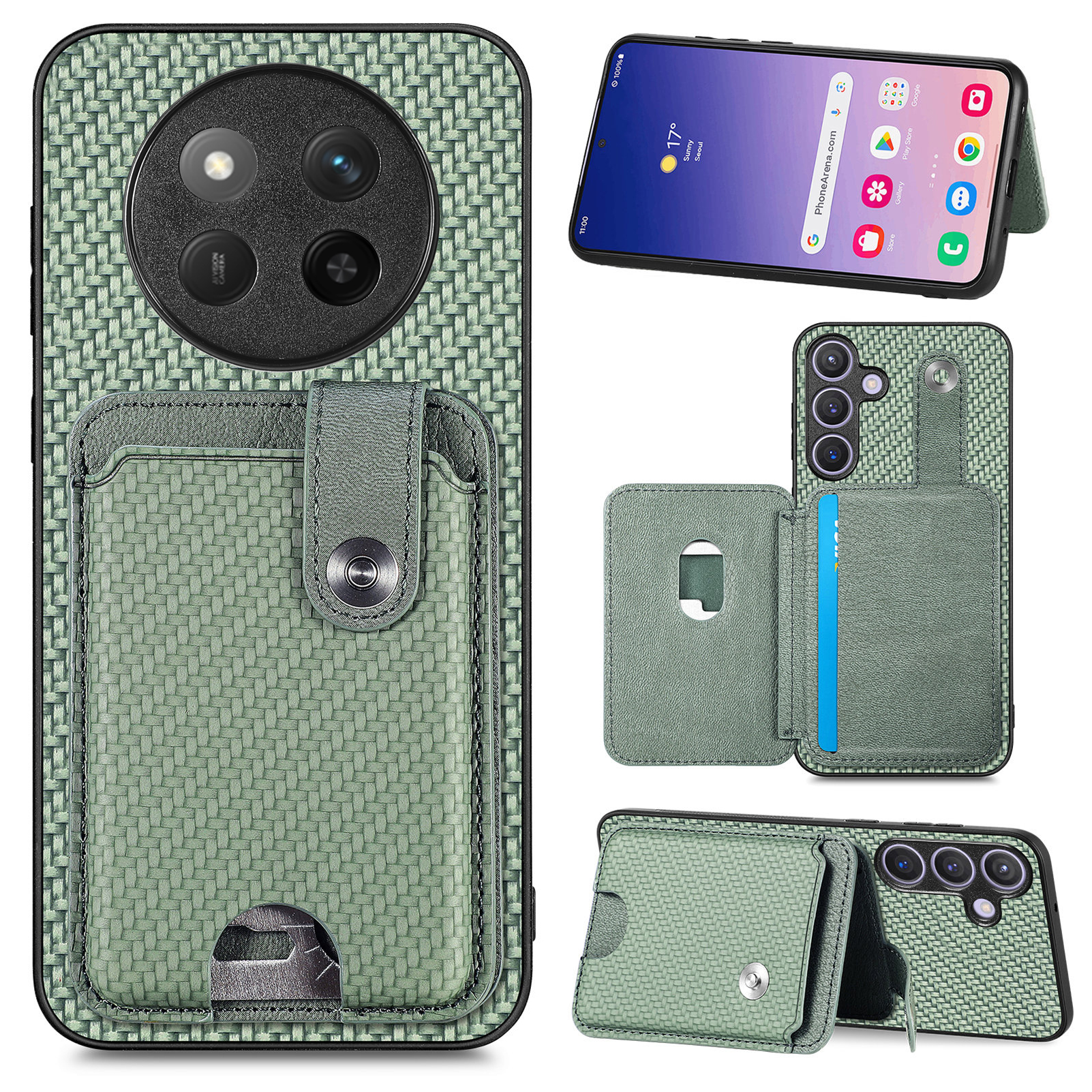 For Honor Magic7 Lite 5G / X9c 5G / X60 Pro 5G Case Card Slots Kickstand Phone Back Cover with Card Tool - Green
