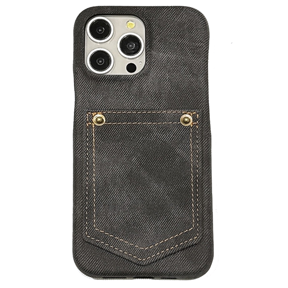 For iPhone 14 Pro Case Card Holder Jeans Cloth Texture PU Leather Back Cover - Black