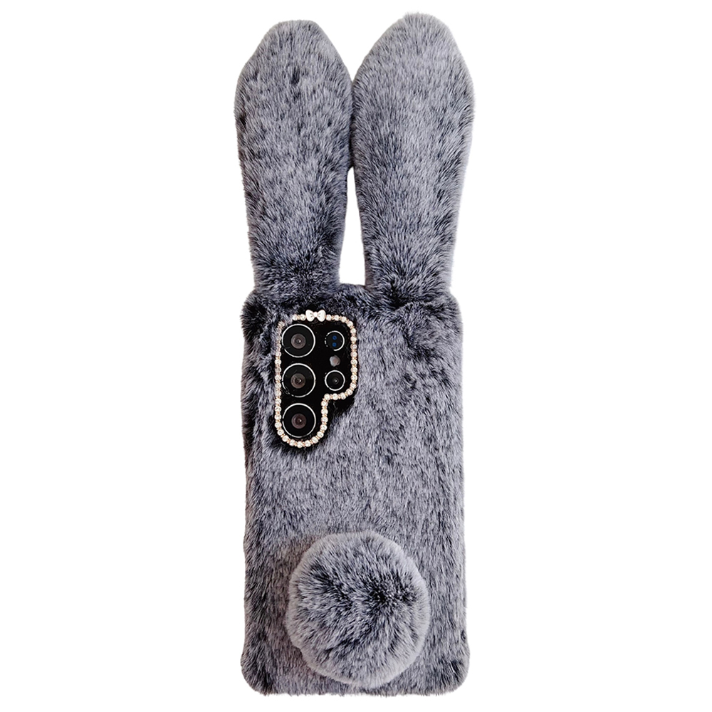 For Samsung Galaxy S25 Ultra Case Bunny Ears Furry Soft TPU Protective Phone Cover - Dark Grey