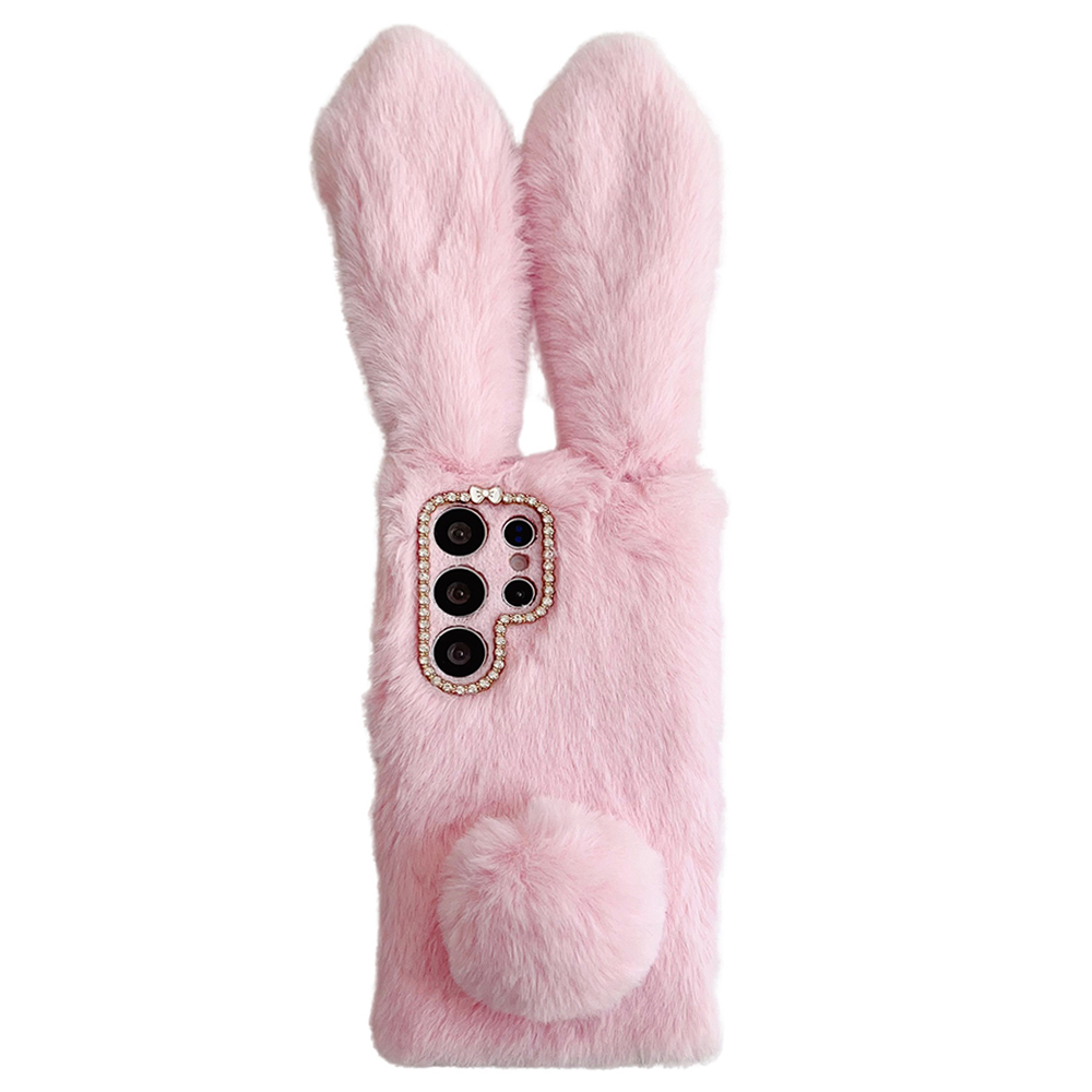 For Samsung Galaxy S25 Ultra Case Bunny Ears Furry Soft TPU Protective Phone Cover - Pink