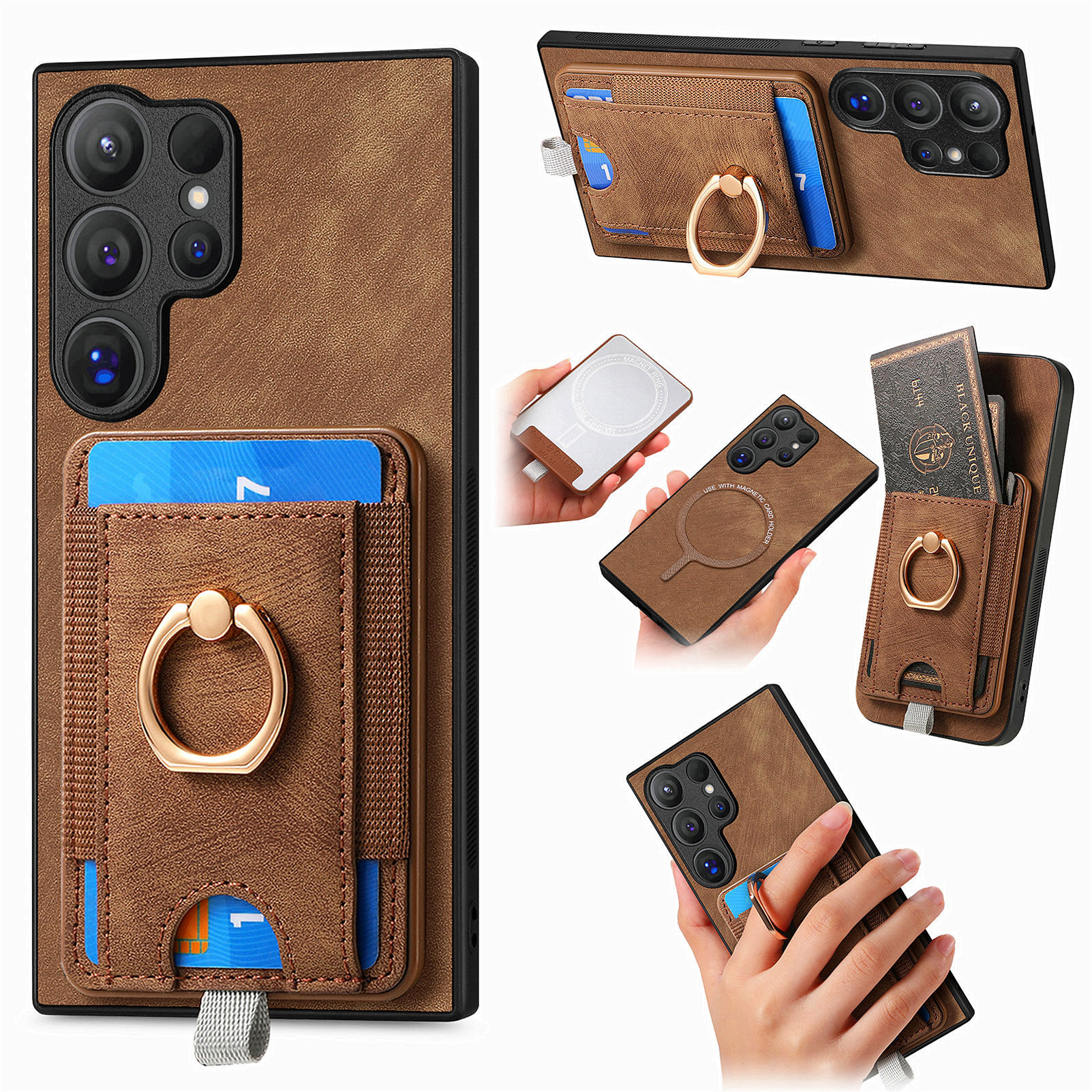 For Samsung Galaxy S25 Ultra Magnetic Case PU Leather Back Cover with Detachable Card Holder - Brown