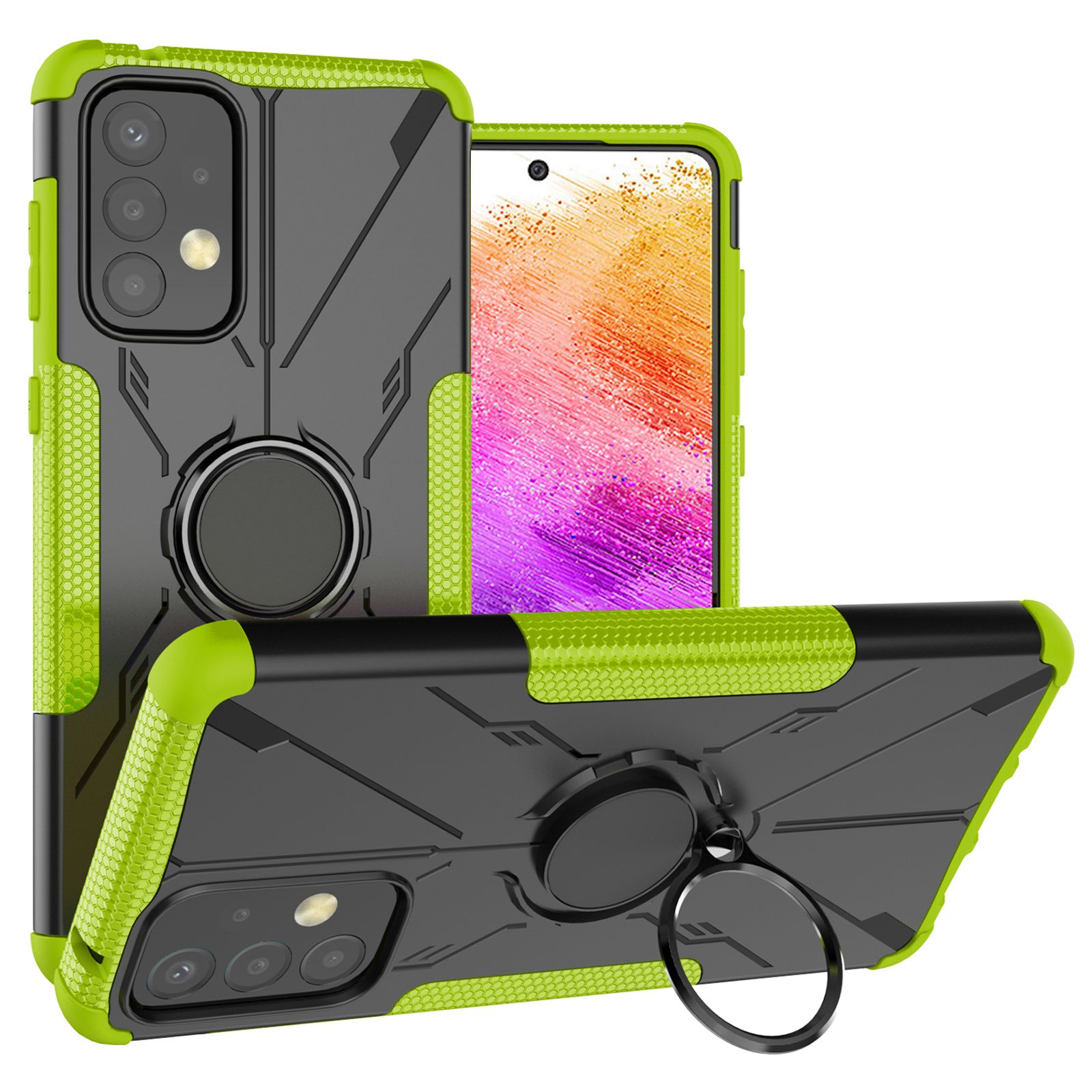 

Shockproof Cover for Samsung Galaxy A73 5G Hard PC Soft TPU Anti-Fall Phone Case with Ring Kickstand - Green, Samsung Galaxy A73 5G