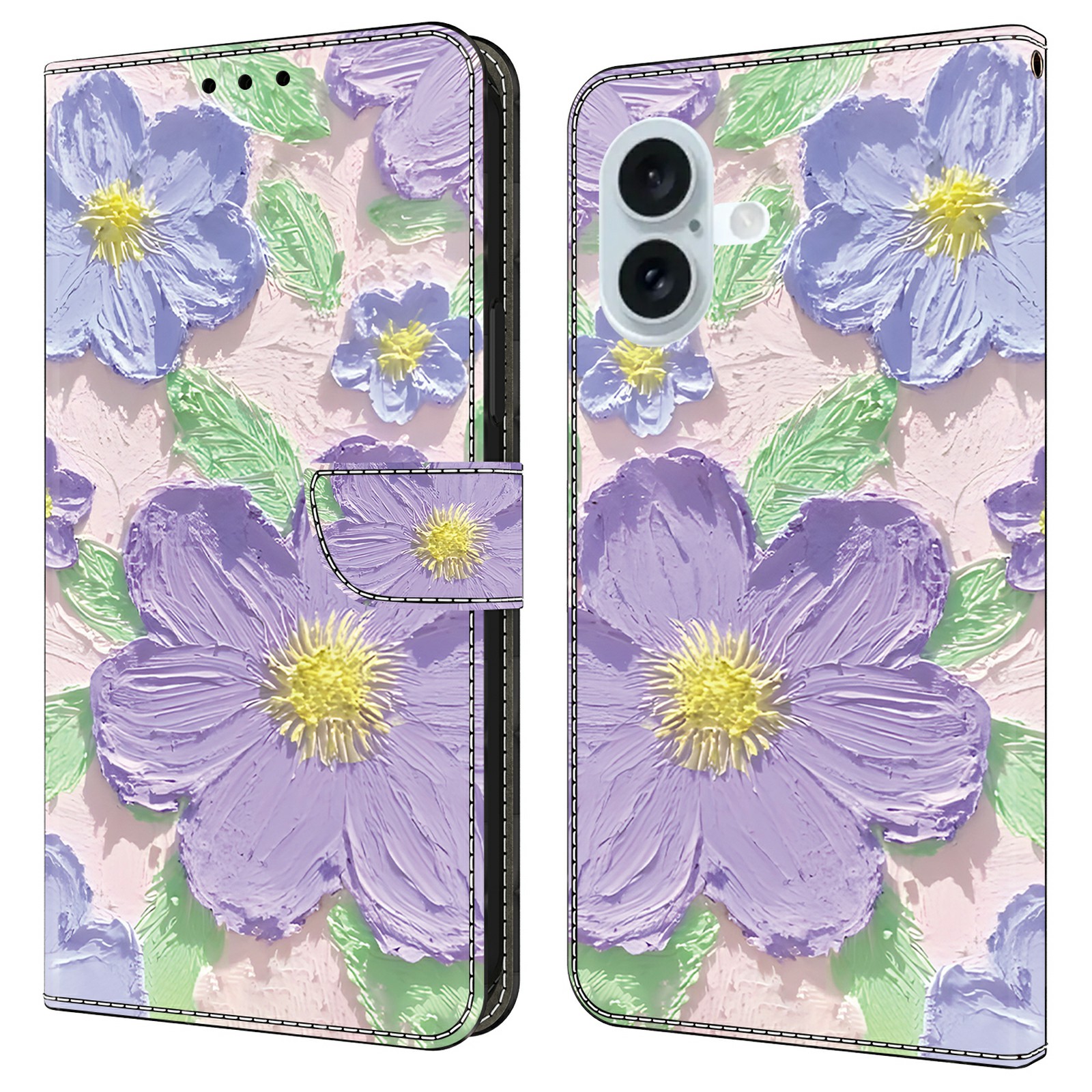 For iPhone 16 Plus Case Pattern Printing Anti-Drop Leather Flip Wallet Phone Cover - Oil Painting Purple Flowers