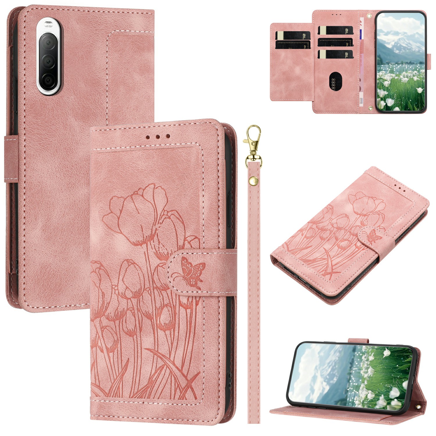 For Sony Xperia 10 V Tulip Leather Case Phone Cover with 5 Card Slots Wallet - Pink
