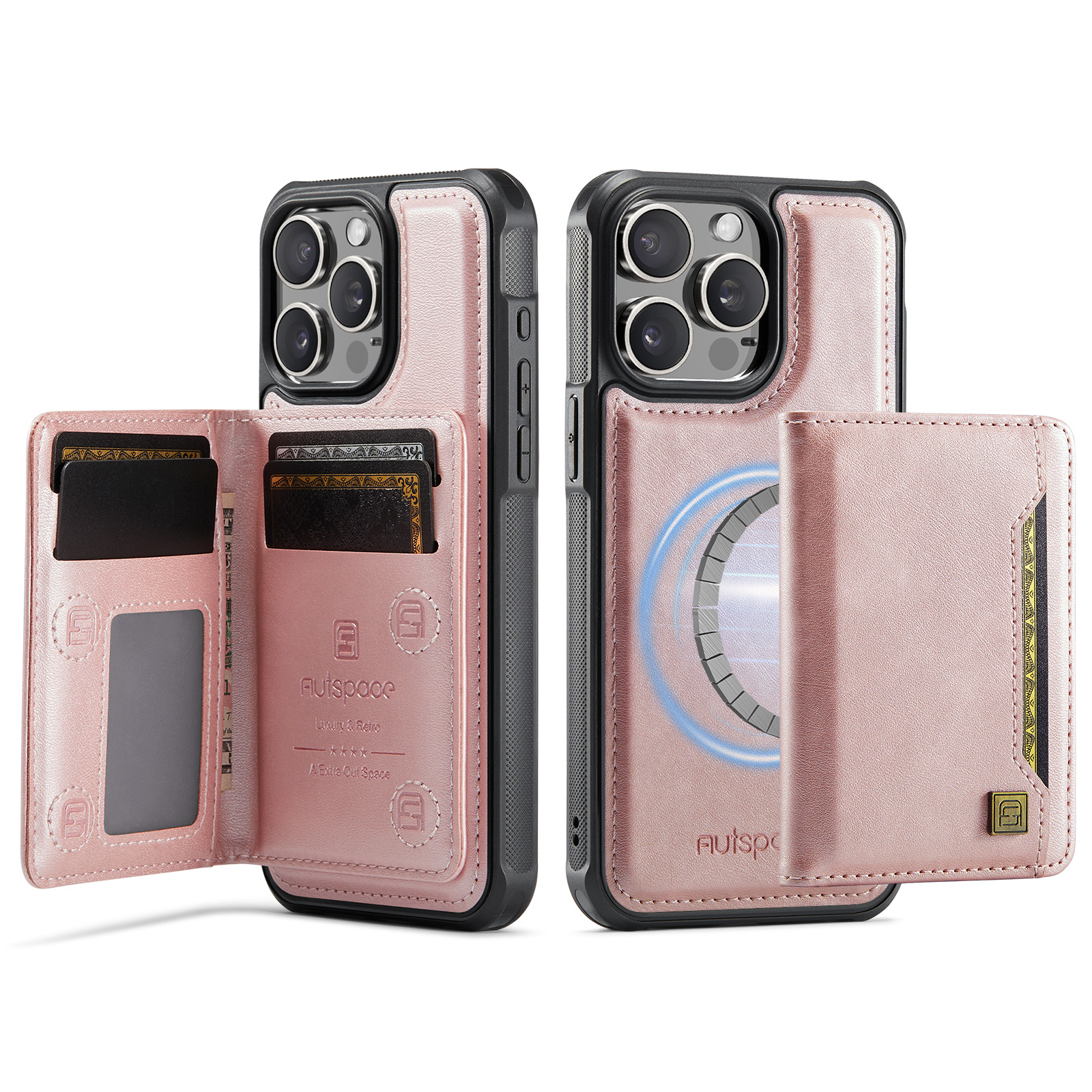 AUTSPACE For iPhone 15 Pro Max Case  A13 Vintage Leather Back Cover with Magnetic Detachable Card Bag - Rose Gold