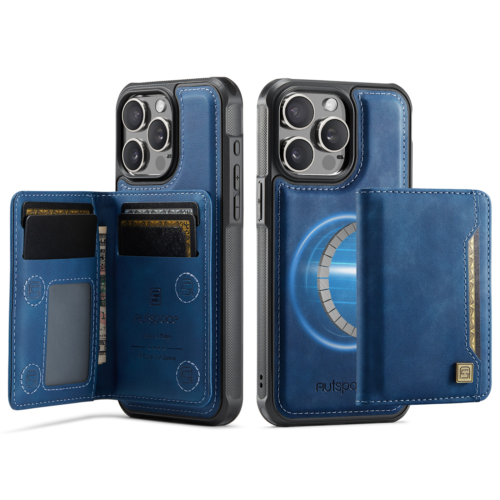 AUTSPACE For iPhone 14 Pro Max Case  A13 Vintage Leather Back Cover with Magnetic Detachable Card Bag - Blue