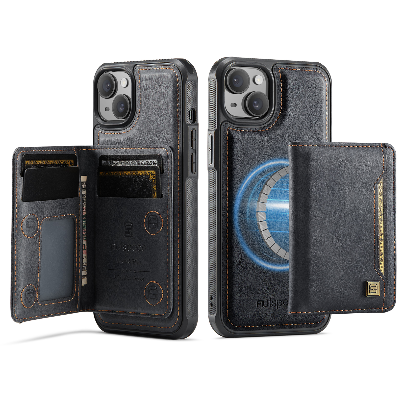 AUTSPACE For iPhone 13 6.1 inch Case  A13 Vintage Leather Back Cover with Magnetic Detachable Card Bag - Black