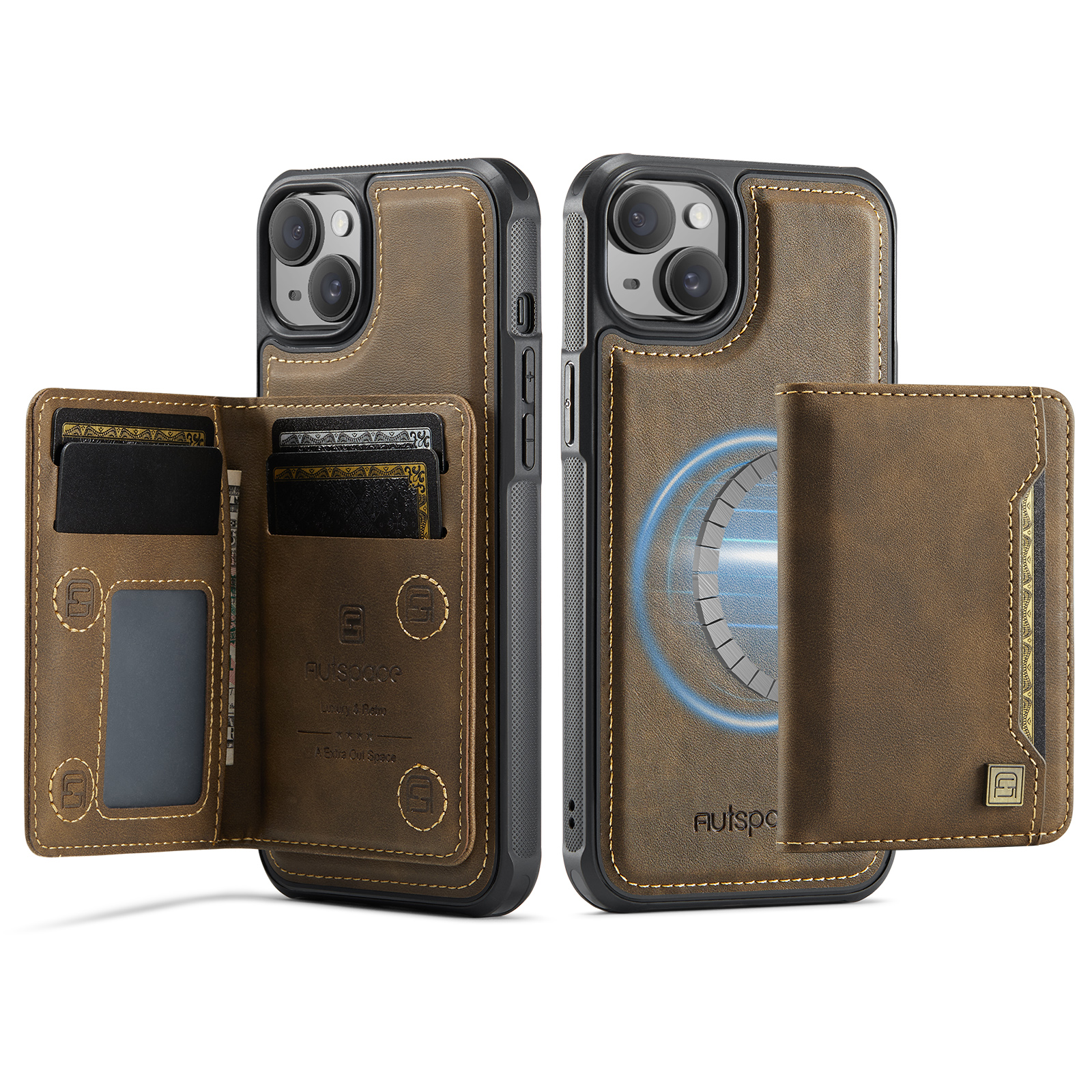 AUTSPACE For iPhone 14 Case  A13 Vintage Leather Back Cover with Magnetic Detachable Card Bag - Coffee