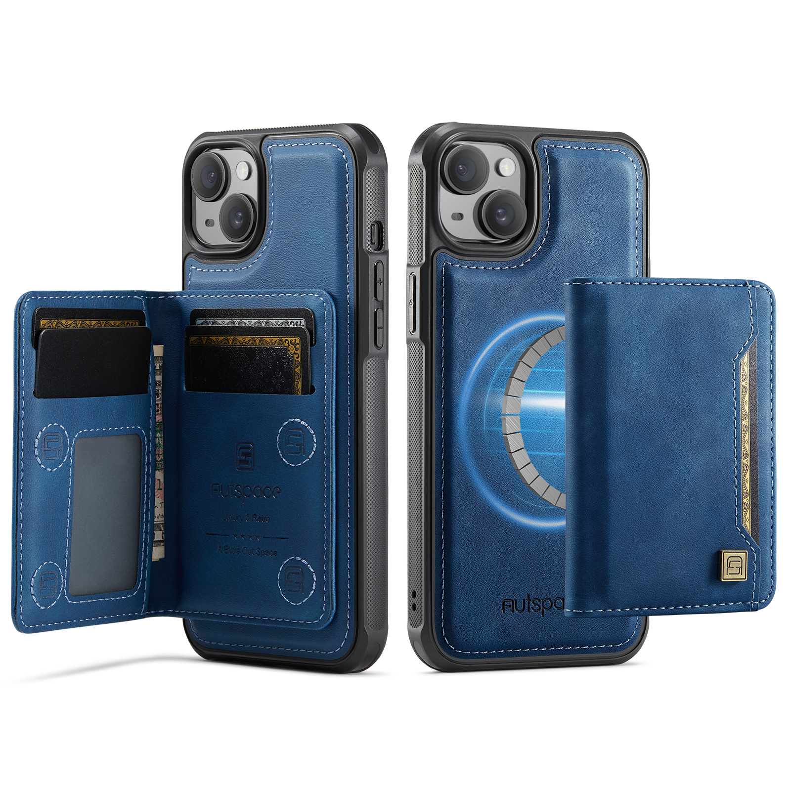 AUTSPACE For iPhone 14 Plus Case  A13 Vintage Leather Back Cover with Magnetic Detachable Card Bag - Blue