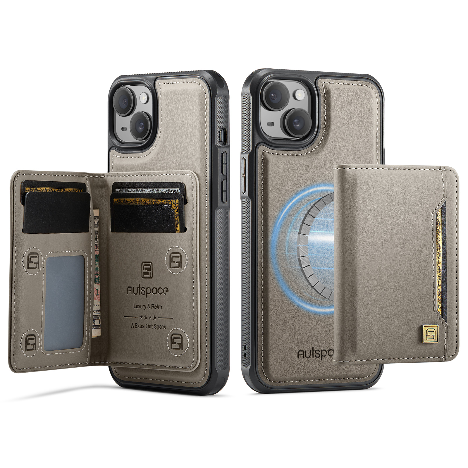 AUTSPACE For iPhone 15 Case  A13 Vintage Leather Back Cover with Magnetic Detachable Card Bag - Grey