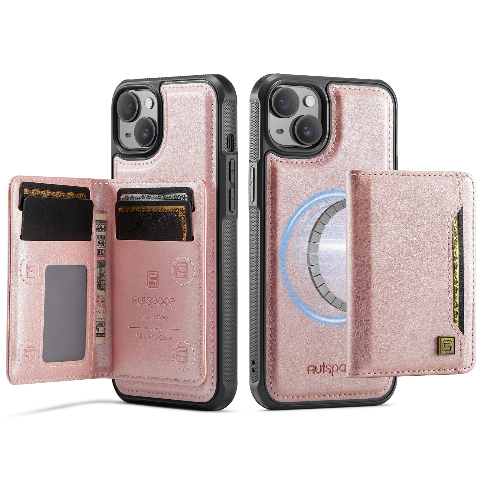 AUTSPACE For iPhone 15 Plus Case  A13 Vintage Leather Back Cover with Magnetic Detachable Card Bag - Rose Gold