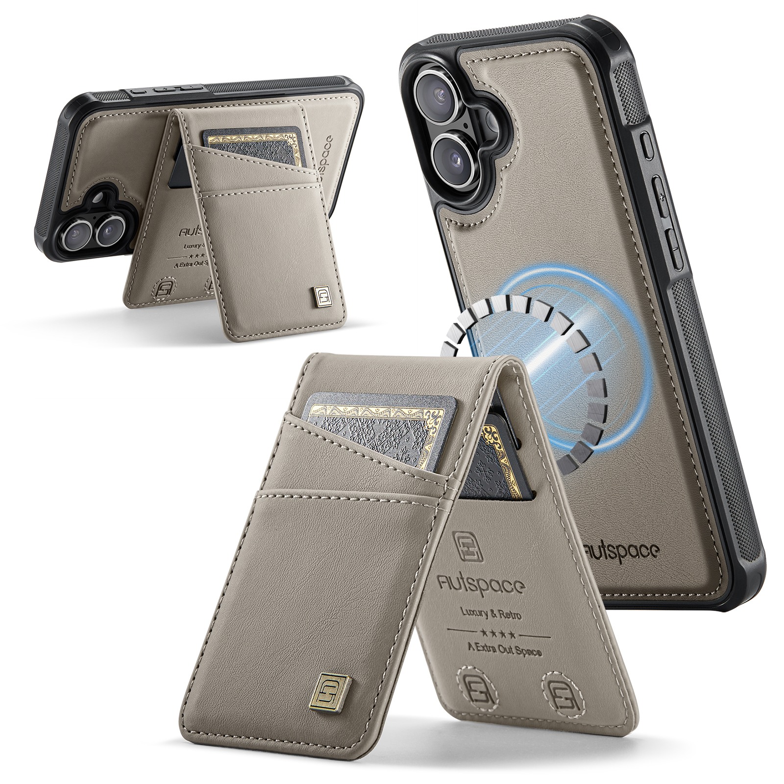 AUTSPACE For iPhone 16 Case  A12 Leather Phone Case with Detachable Card Bag - Grey