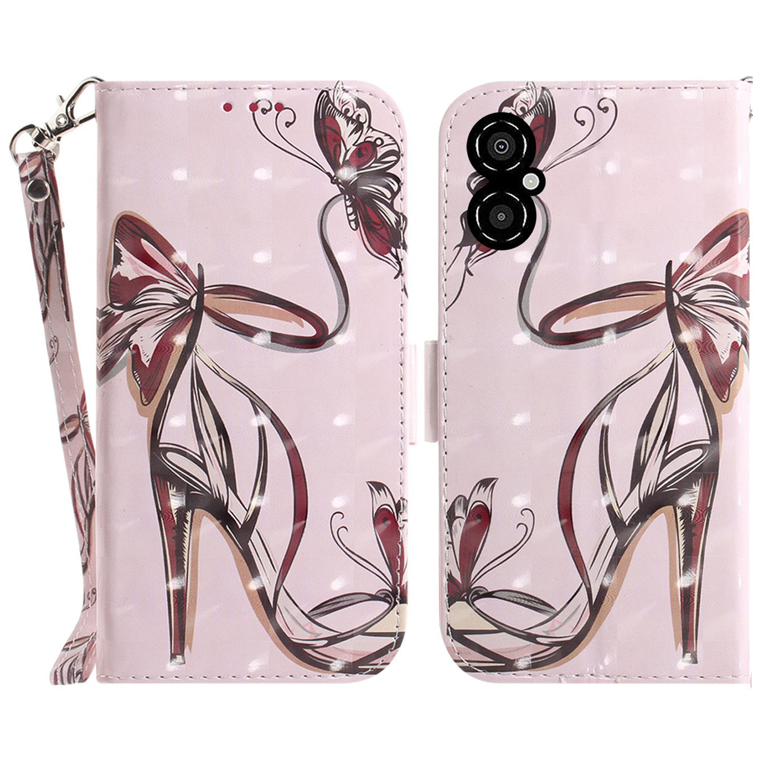 

Für Xiaomi Poco M4 5G 3D -muster Druck PU Leder Vollschutz Brieftaschenabdeckung Telefonklapper Standhülle Mit Riemen - Schmetterling High Heels, Xiaomi Poco M4 5G
