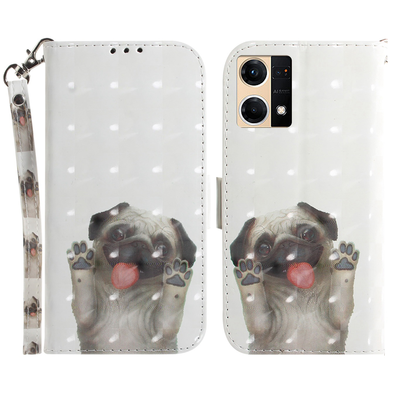 

Für Oppo Reno7 4G 3d-muster Druck PU Leder Brieftaschenabdeckung Drop-proof-telefonständer Mit Riemen - Mops, Oppo Reno7 4G