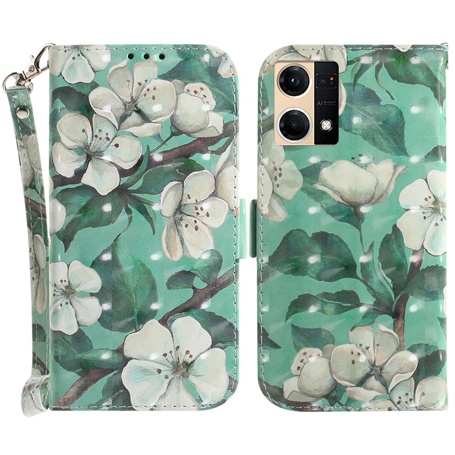 

Für Oppo Reno7 4G 3d-muster Druck PU Leder Brieftaschenabdeckung Drop-proof-telefonständer Mit Riemen - Aquarellblüten, Oppo Reno7 4G