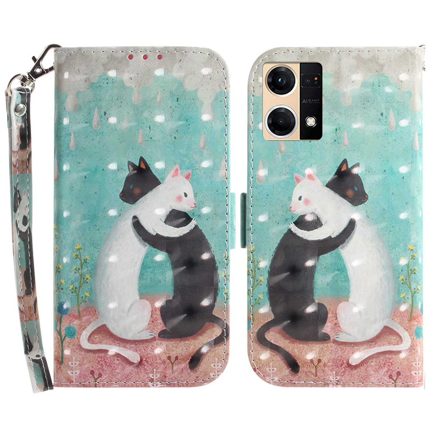

Für Oppo Reno7 4G 3d-muster Druck PU Leder Brieftaschenabdeckung Drop-proof-telefonständer Mit Riemen - Zwei Katzen, Oppo Reno7 4G