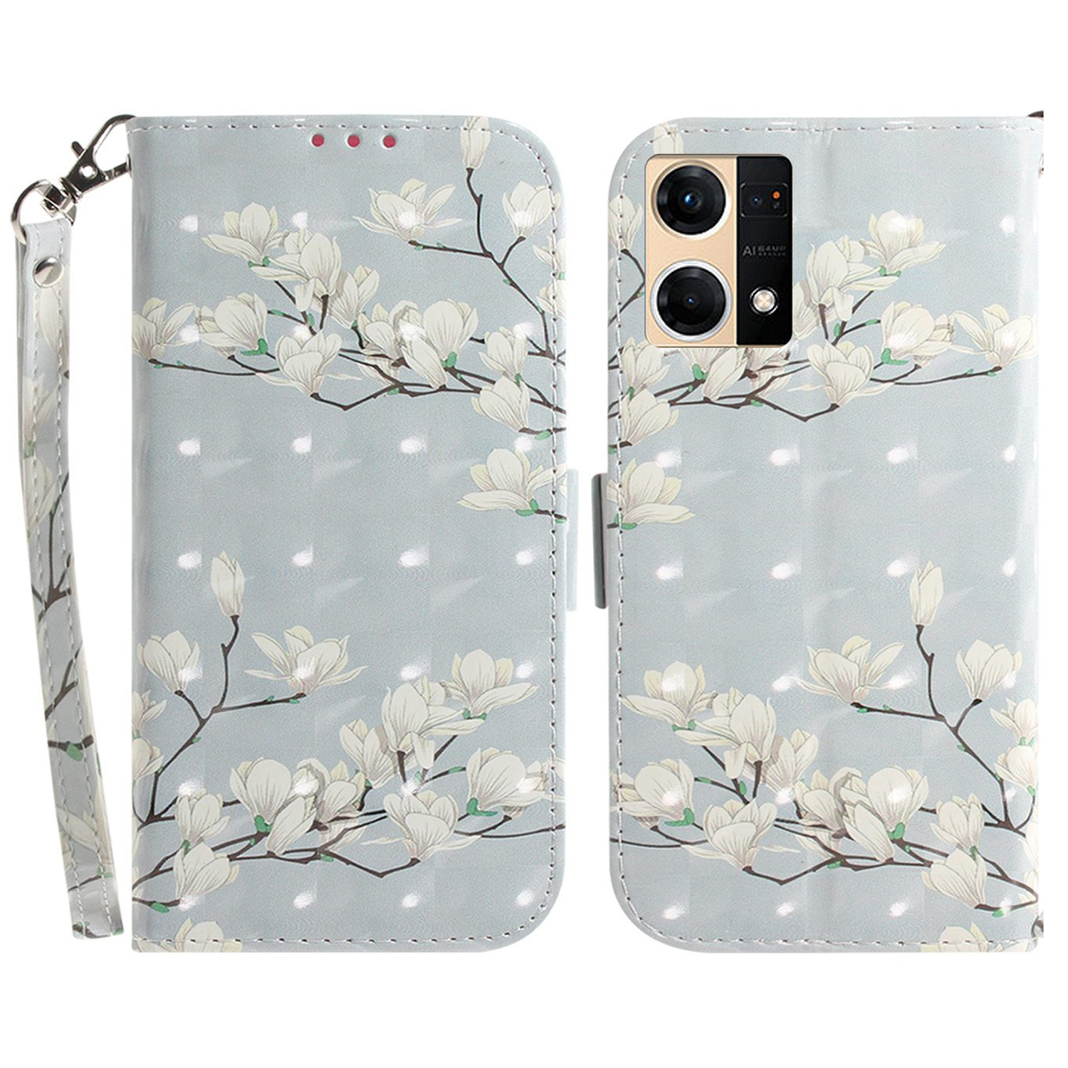 

Für Oppo Reno7 4G 3d-muster Druck PU Leder Brieftaschenabdeckung Drop-proof-telefonständer Mit Riemen - Magnolie, Oppo Reno7 4G
