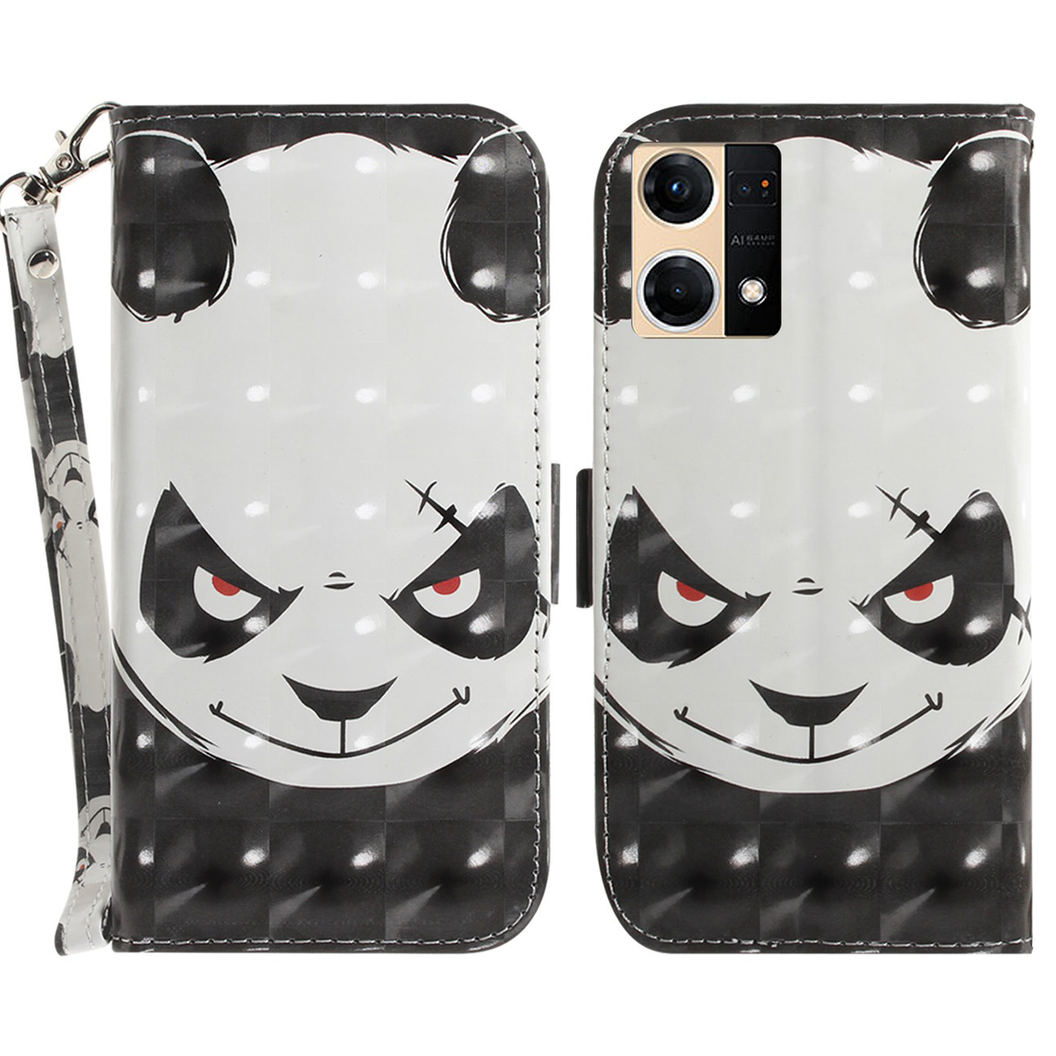 

Für Oppo Reno7 4G 3d-muster Druck PU Leder Brieftaschenabdeckung Drop-proof-telefonständer Mit Riemen - Wütender Panda, Oppo Reno7 4G