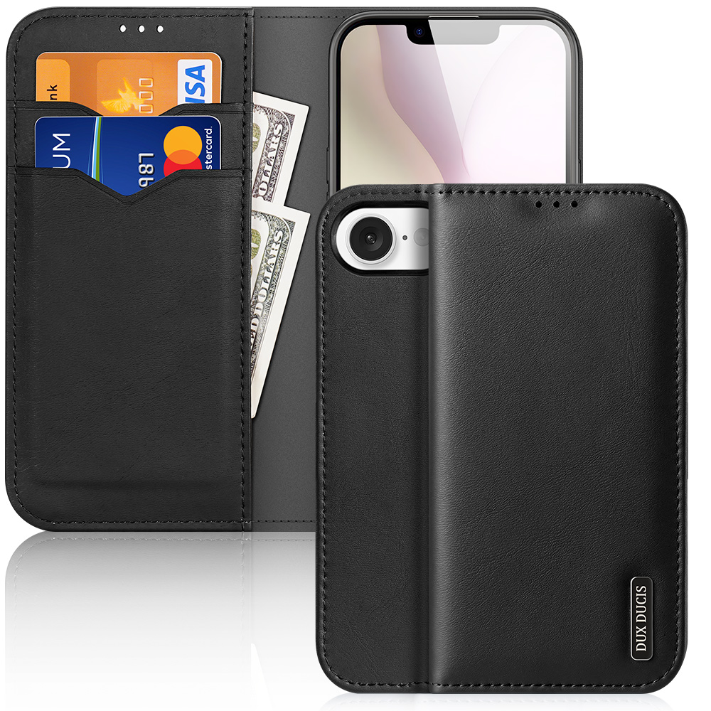 DUX DUCIS For iPhone 17e / 16e Case  Hivo Series Cowhide Leather RFID Blocking Wallet Stand Flip Phone Cover - Black