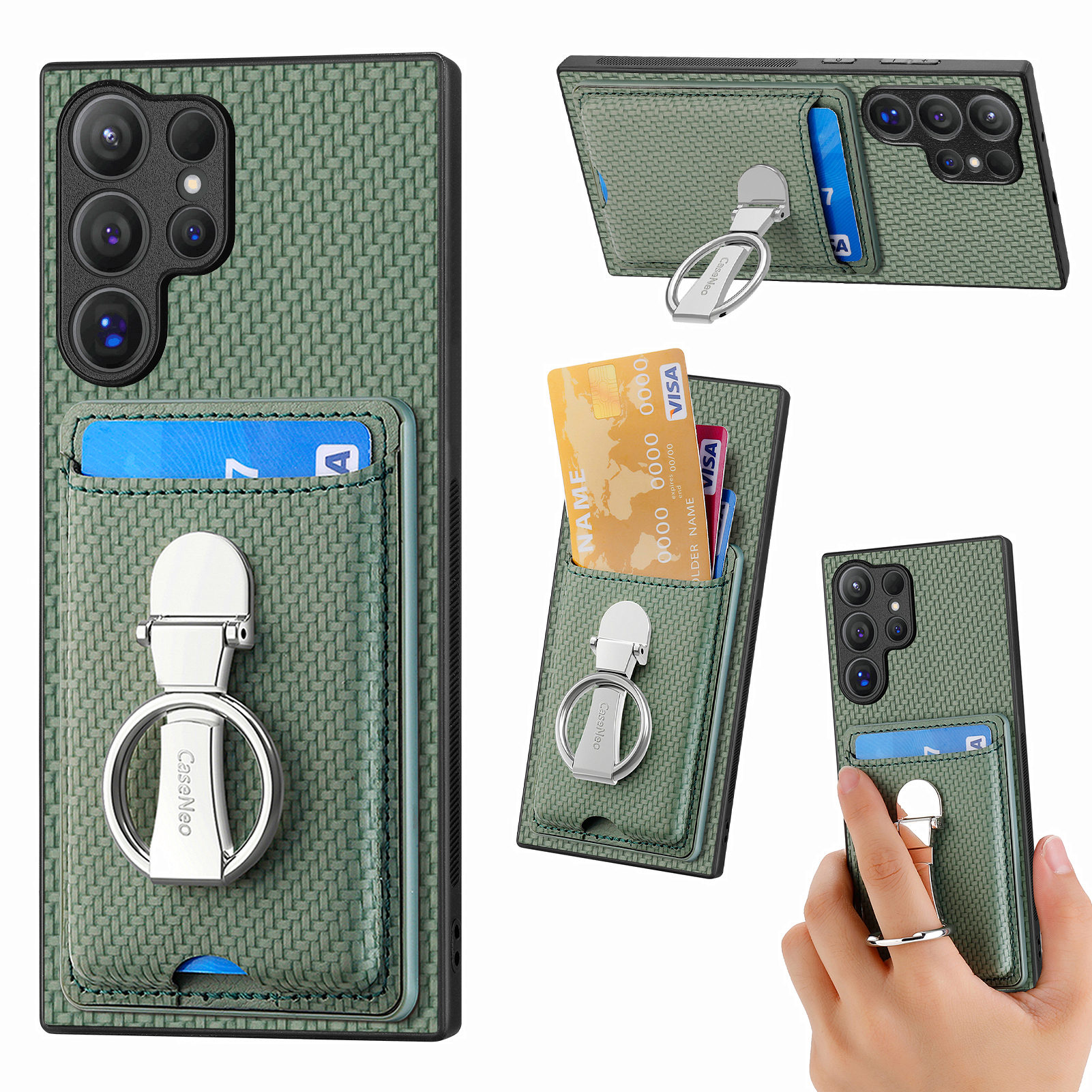 CASENEO For Samsung Galaxy S25 Ultra Leather Phone Back Cover with Kickstand and Card Slots Carbon Fiber Texture - Green
