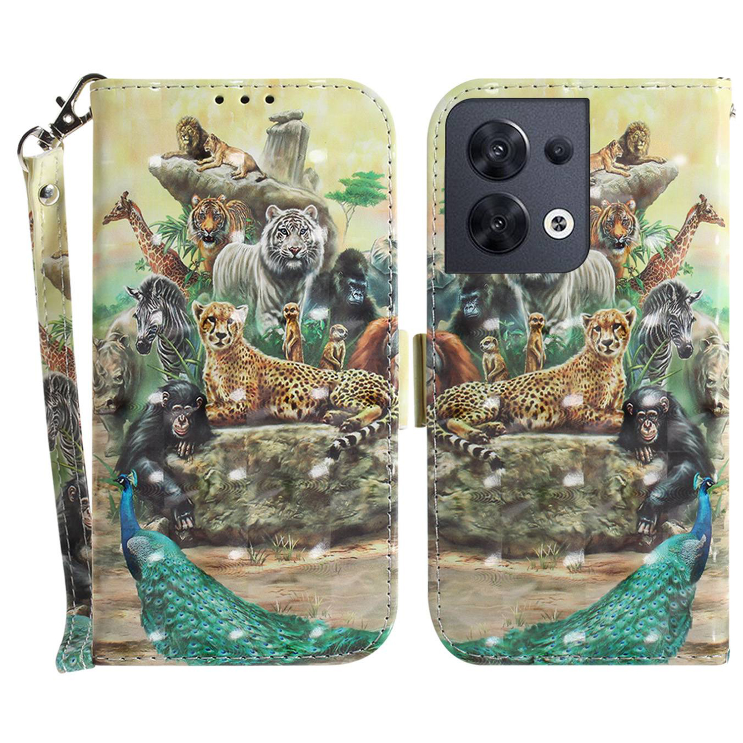 

Für Oppo Reno8 5G (globale Version) PU Lederschockdichtungssicherer Drop-proof-hülle 3d-muster Druckfaltbares Ständer Brieftaschenabdeckung Mit Riemen - Tiere, Oppo Reno8 5G (Global Version)