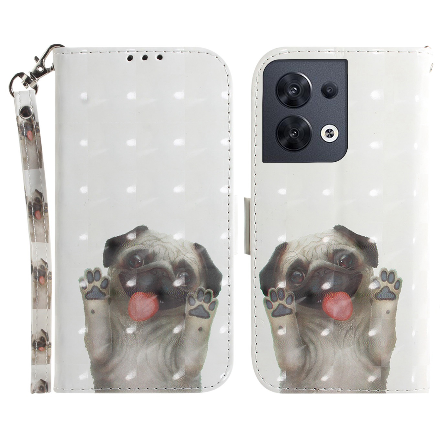

Für Oppo Reno8 5G (globale Version) PU Lederschockdichtungssicherer Drop-proof-hülle 3d-muster Druckfaltbares Ständer Brieftaschenabdeckung Mit Riemen - Mops, Oppo Reno8 5G (Global Version)