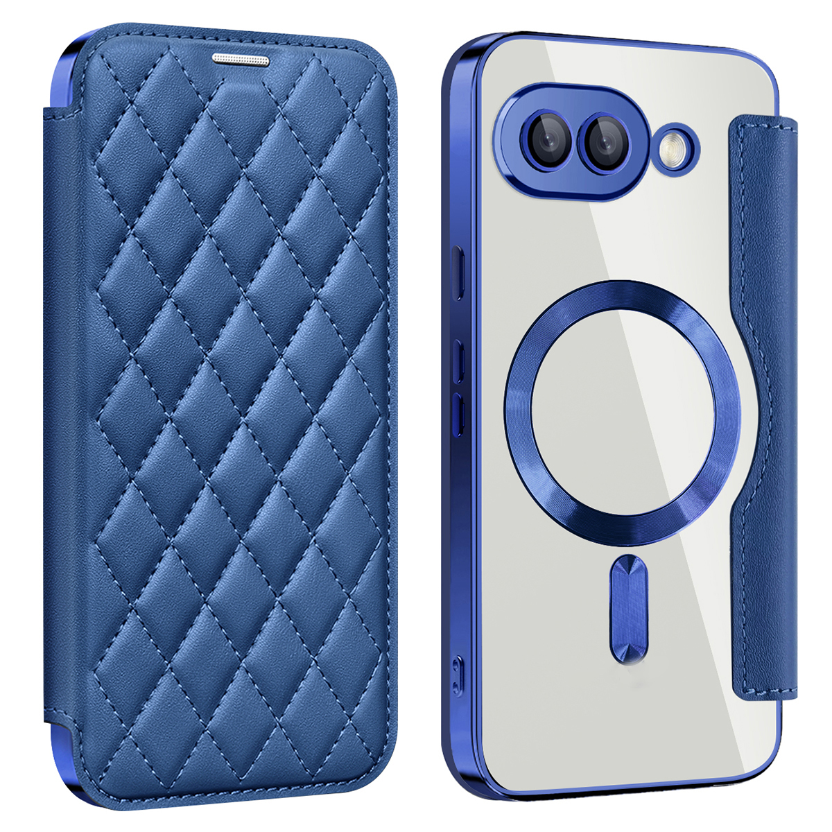 For Google Pixel 9a Magnetic Case Rhombus PU Leather Phone Cover - Sapphire